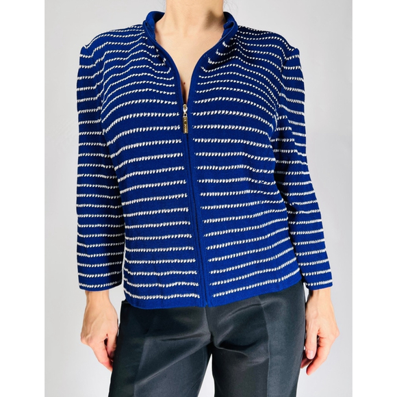 ST. JOHN Womans Sweater Cardigan Zip Front Wool Blend Striped M Blue White - Picture 6 of 12